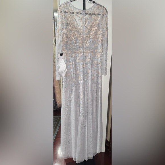 Embellished wrap over illusion long sleeve gown - Picture 9 of 9